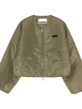 Ganni Olive Green Cropped Bomber Jacket
